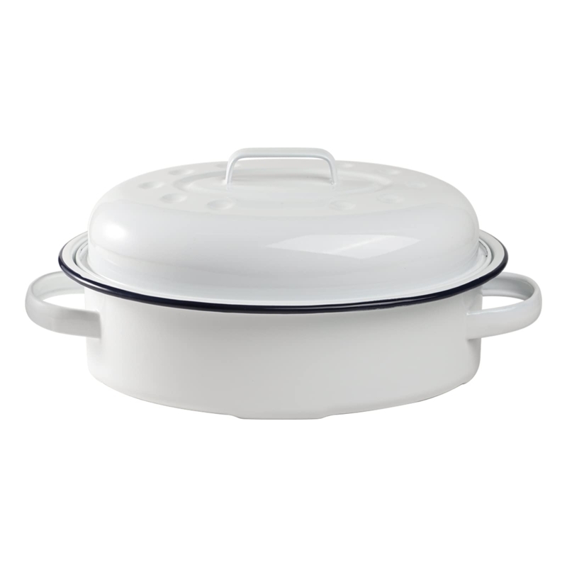 White Enamel Roasting Pan with Dimpled Lid and Contrast Rim