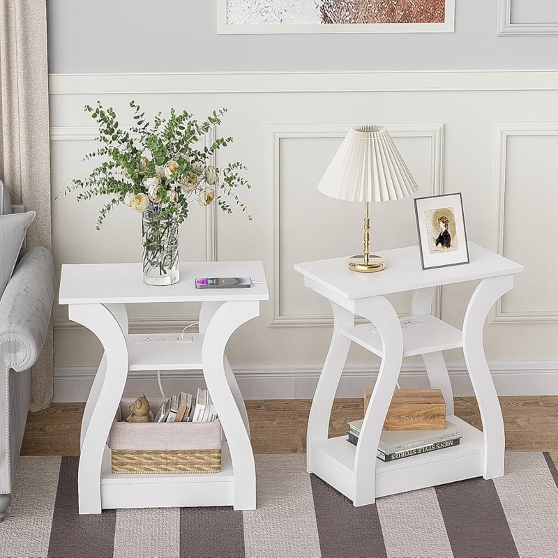 White End Table with S-Curve Frame and Integrated Charging Station
