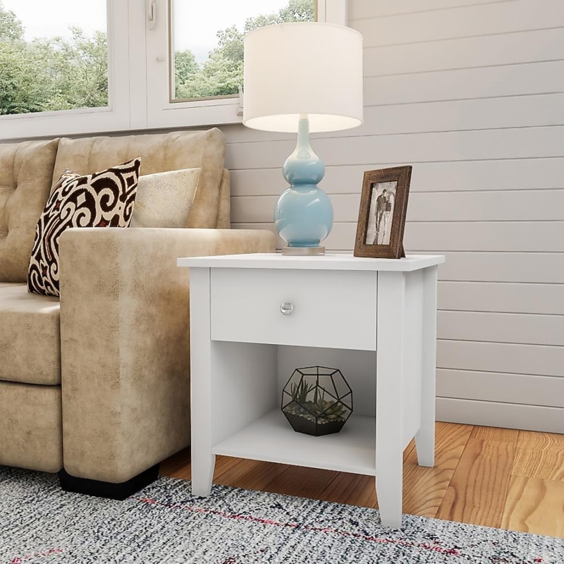 White End Table with Single Drawer and Tapered Legs