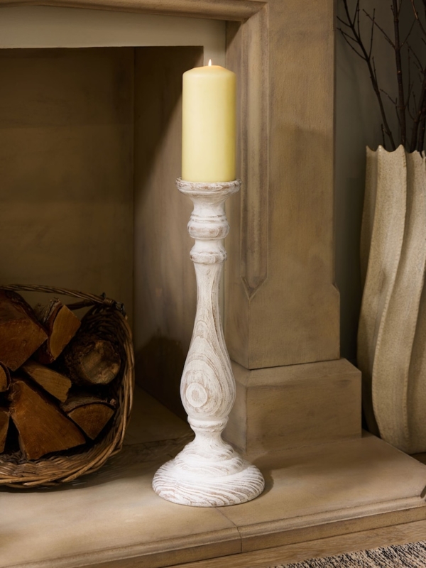 White Extra Large Wood Effect Pillar Candle Holder | Laura Ashley
