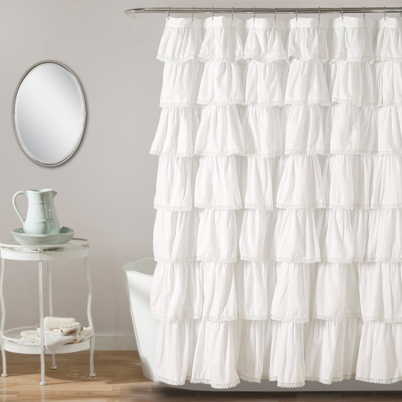 White Fabric Shower Curtain Multi Tiered Ruffles Lace Trim Shabby Chic
