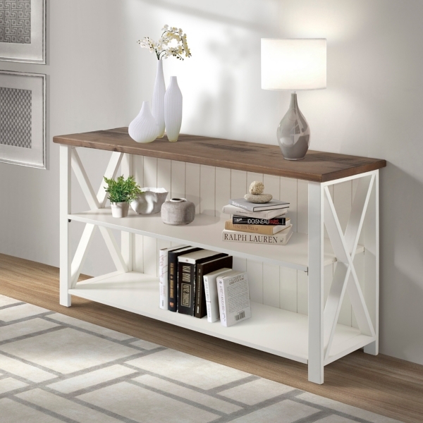 White Farmhouse Console Table with Beadboard Back and Rustic Oak Top