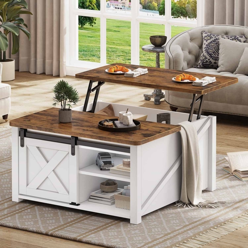 White Farmhouse Lift Top Table with X-Brace Design Detail