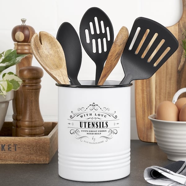 White Farmhouse Utensil Holder with Vintage Typography