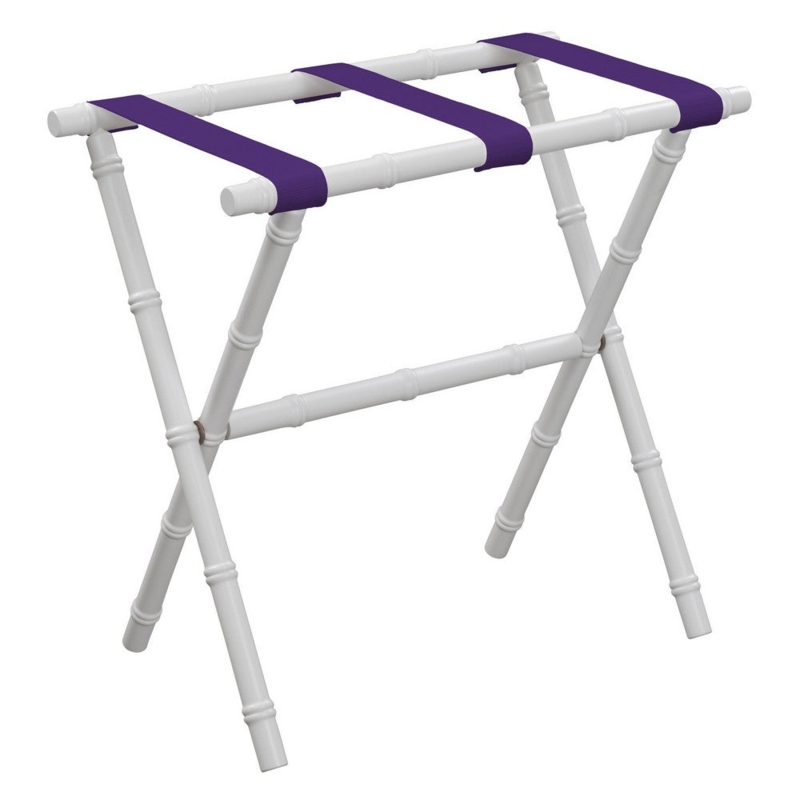 White Faux Bamboo Carved Wood Luggage Rack with Purple Straps