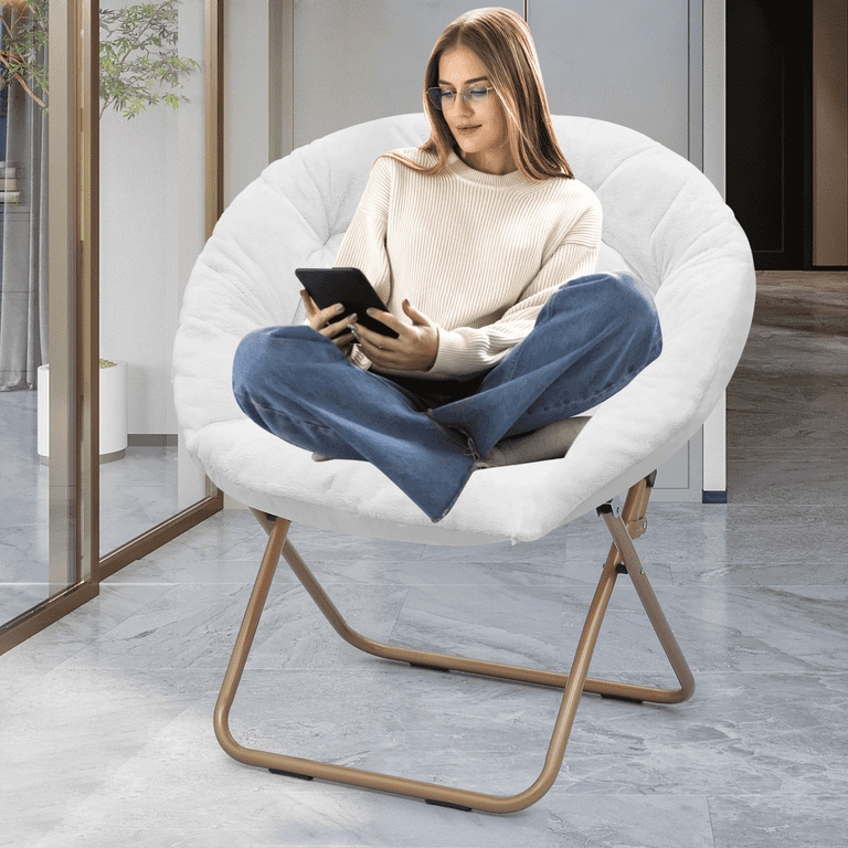 White Faux Fur Saucer Chair Gold Folding Oversized Seat