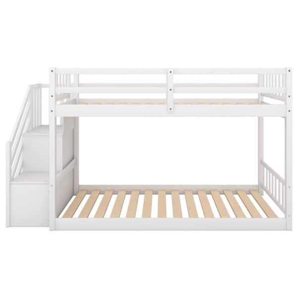 White Floor Bunk Bed Staircase Storage Vertical Slats Scandinavian