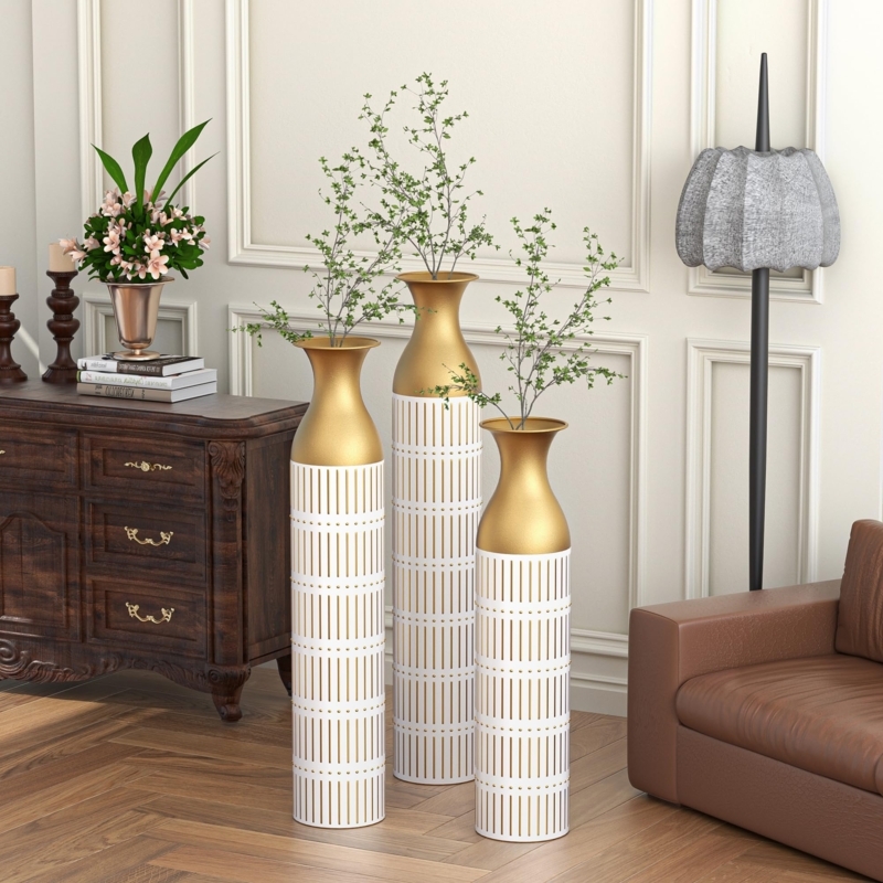 White Floor Vases Set with Gold Vertical Pinstripes Tapered Neck