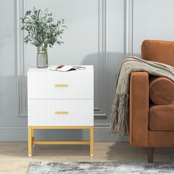 White Fluted Nightstand Matte Finish Brushed Gold Base Modern Glam