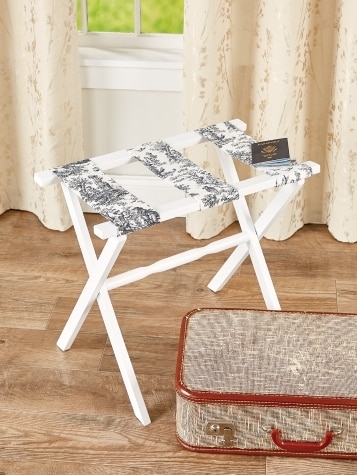 White Folding Hardwood Luggage Rack with Black and White Toile Straps