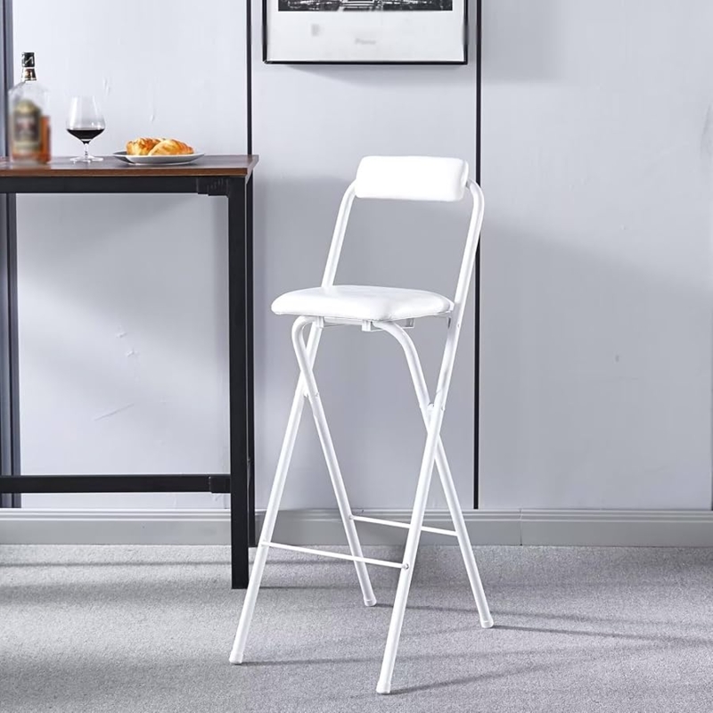 White Folding Metal Bar Stool Slim Profile Padded Seat Modern