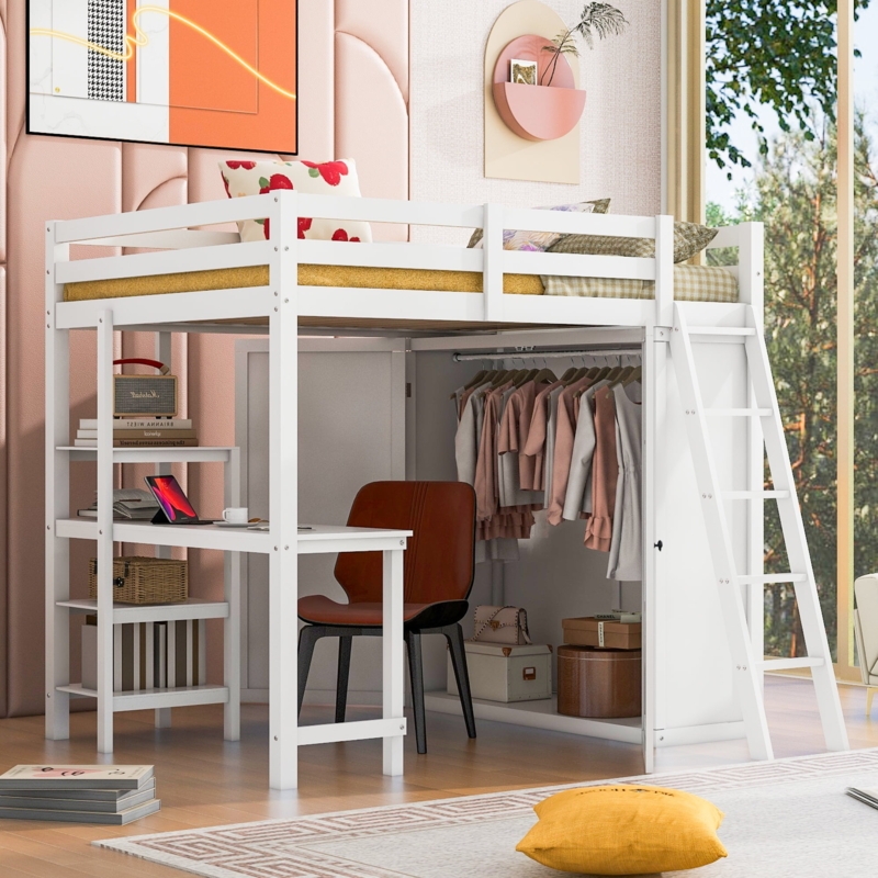 White Full Loft Bed with Integrated Wardrobe Closet and Desk
