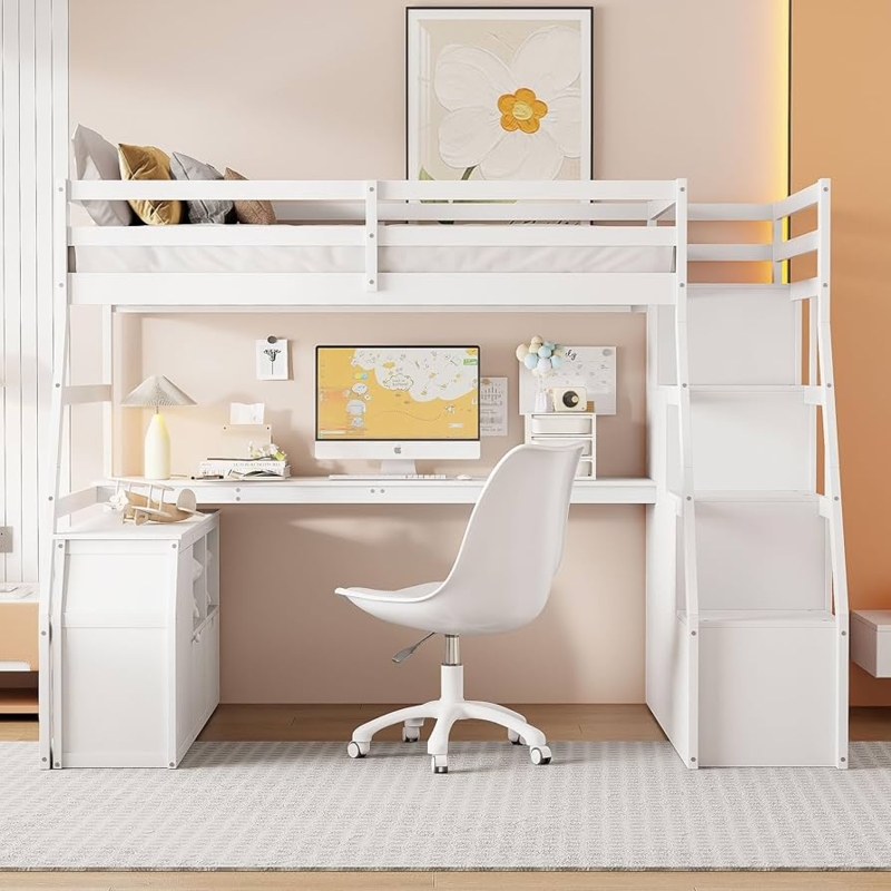 White Full Size Loft Bed with Integrated Stair Storage and Desk