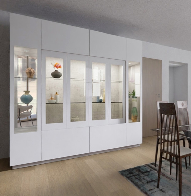 White Glass Wall Unit with Handleless Doors and Mirrored Back