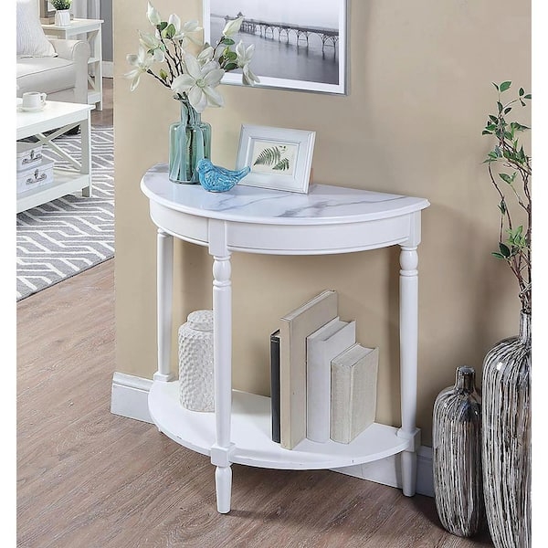 White Half Round Console Table with Gray Veined Faux Marble Top