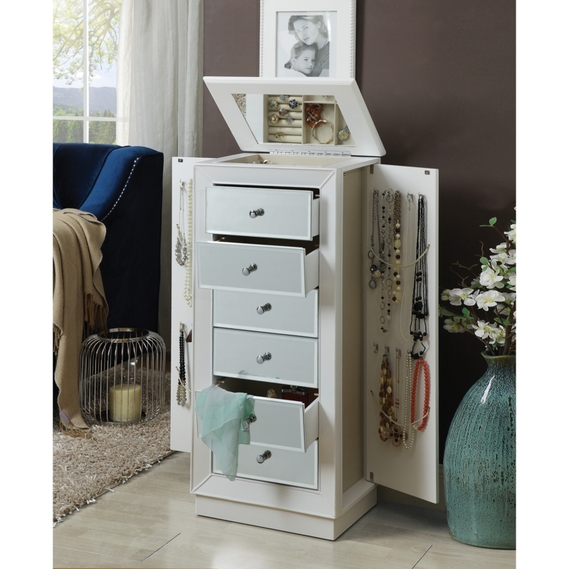 White Jewelry Armoire Mirrored Drawer Fronts Beaded Trim Detail Glam Style