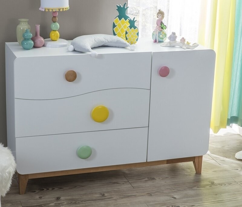 White Kids Dresser Wavy Drawer Fronts Oversized Colorful Knobs