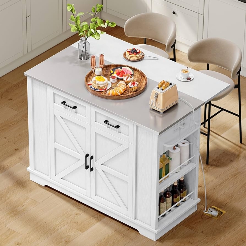 White Kitchen Island Drop Leaf X-Brace Cabinets Mobile Base