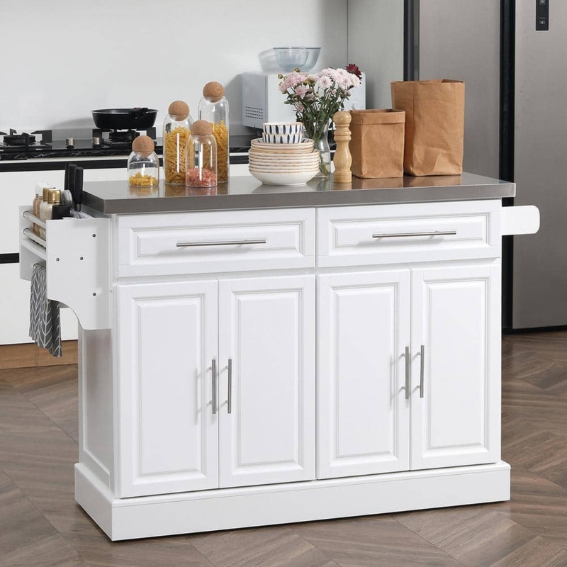 White Kitchen Island Stainless Steel Top Integrated Knife Holder