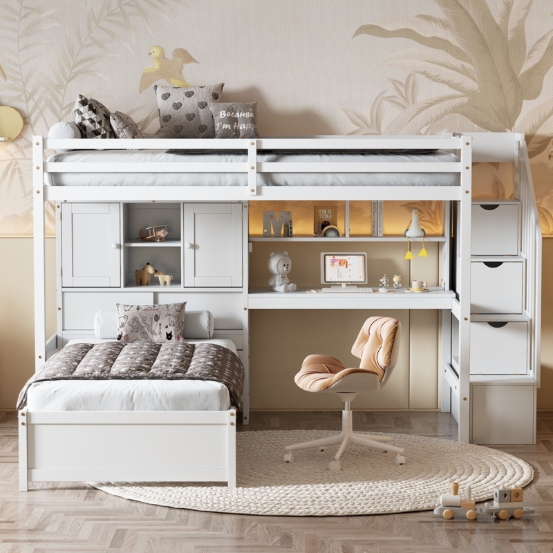 White L-Shaped Bunk Bed with Desk and Storage Staircase