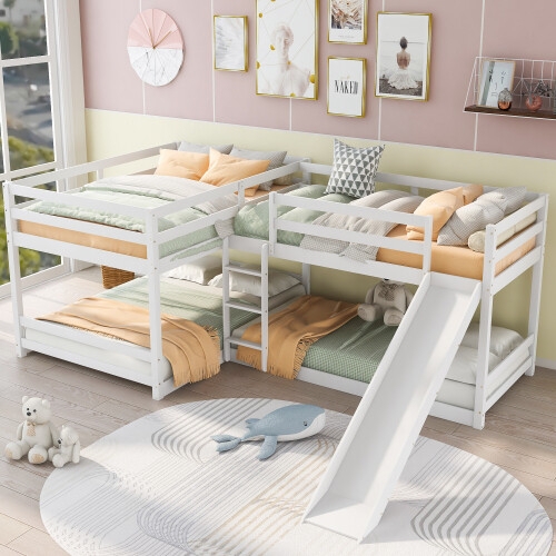 White L-Shaped Quadruple Bunk Bed with Integrated Slide