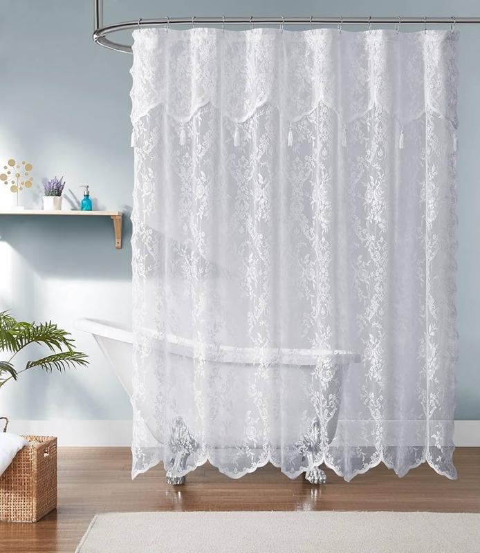 White Lace Shower Curtain Valance with Hanging Tassels Boho Chic Bath