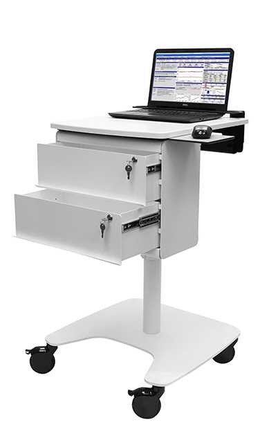 White Laptop Cart Locking Drawers Integrated Mouse Tray Rolling