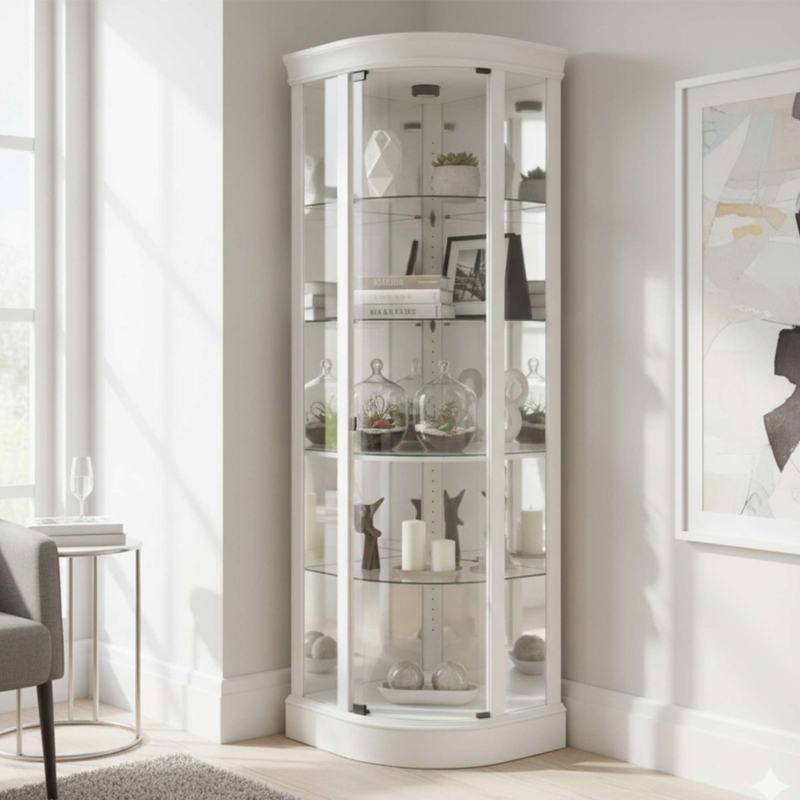 White Lighted Display Cabinet featuring Curved Glass Corner Design