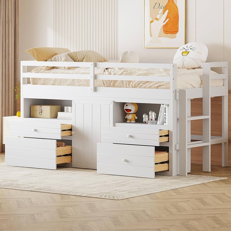 White Loft Bed Integrated Drawers and Slatted Storage Cabinet