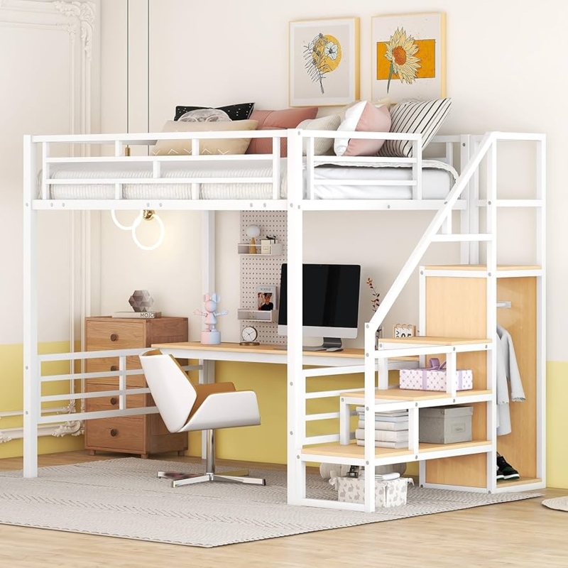 White Loft Bed Staircase Storage Wardrobe Pegboard Modern Design