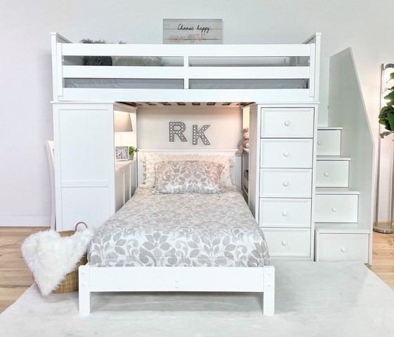 White Loft Bed with Integrated Chest and Storage Stairs