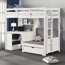 White Loft Bed with Integrated Desk, Lower Daybed, and Storage Drawer