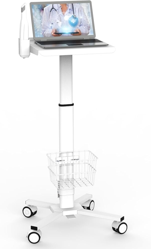 White Medical Laptop Cart Adjustable Equipment Holster Wire Basket