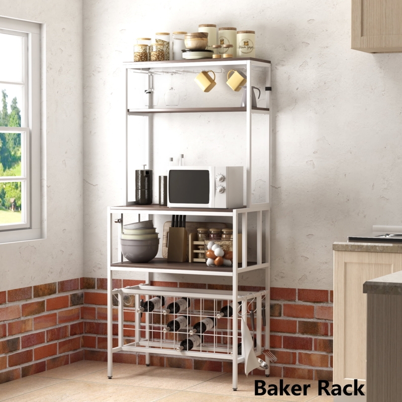 White Metal Bakers Rack with Integrated Wine Storage & Holders