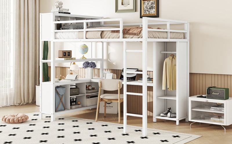 White Metal Loft Bed L Shaped Desk Wardrobe Shelving