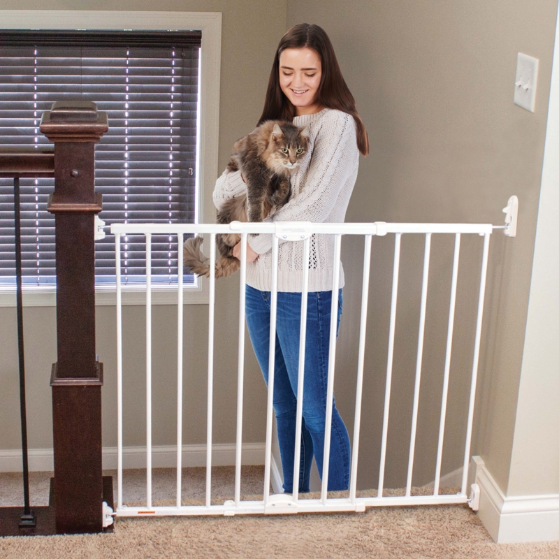 White Metal Pet Gate Hardware Mounted Top of Stairs Wide Barrier (73/75)