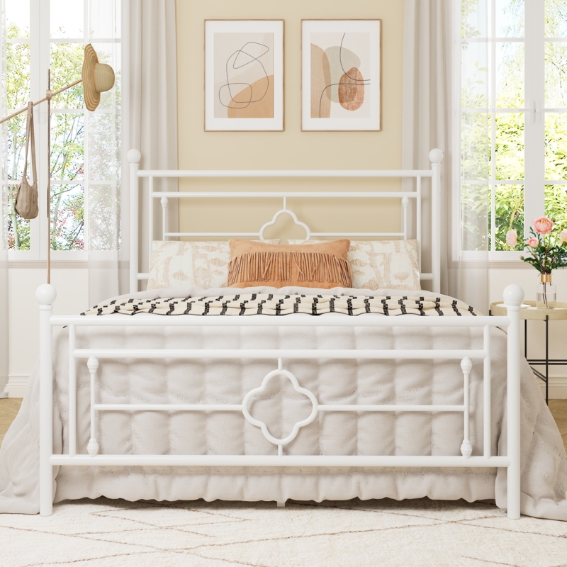 White Metal Platform Bed Frame Quatrefoil Spindle Accents