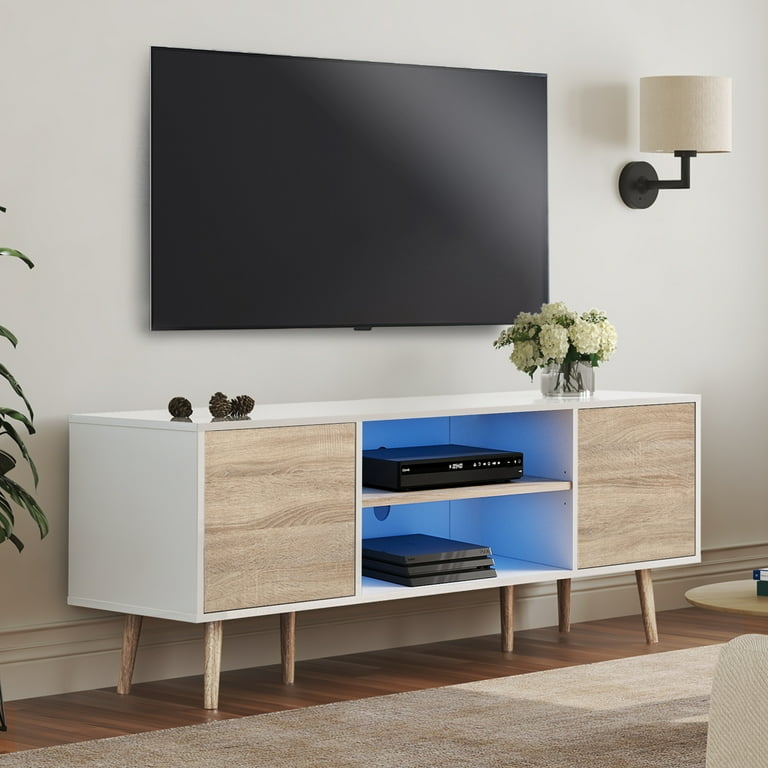 White Mid-Century Tv Stand with Blue Led Accents and Two Tone Finish