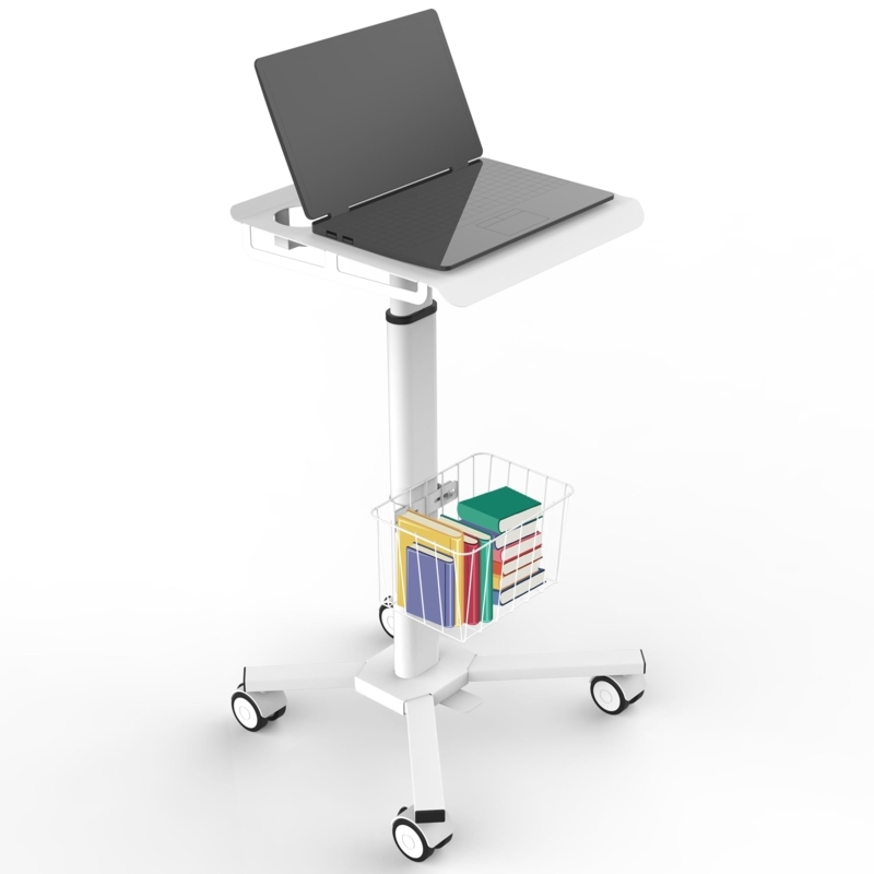 White Mobile Laptop Desk Adjustable Wire Storage Basket Rolling