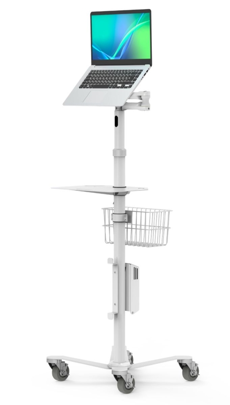 White Mobile Laptop Workstation Articulating Arm Storage Basket