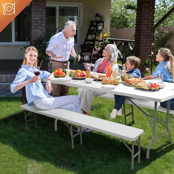 White Plastic Folding Bench Center Folding Mechanism Silver Legs