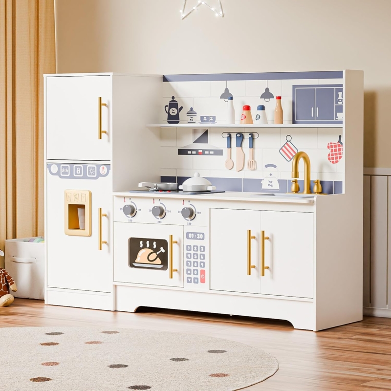 White Play Kitchen Set Gold Hardware Illustrated Backsplash Toy