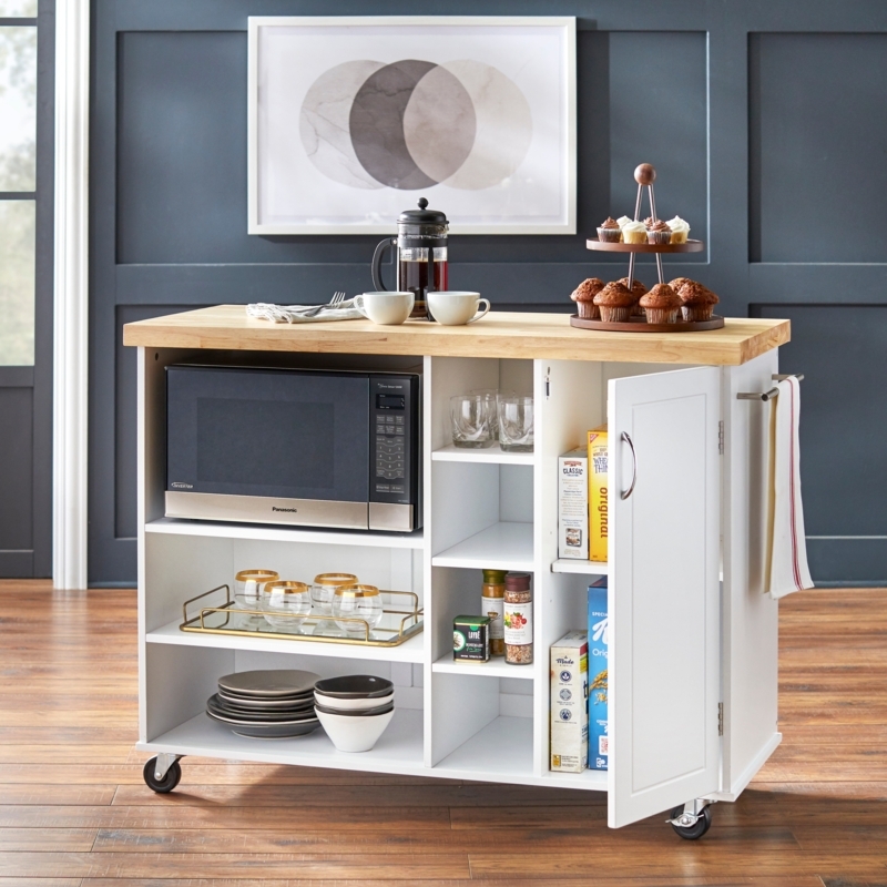 White Rolling Kitchen Cart with Butcher Block Top and Niche