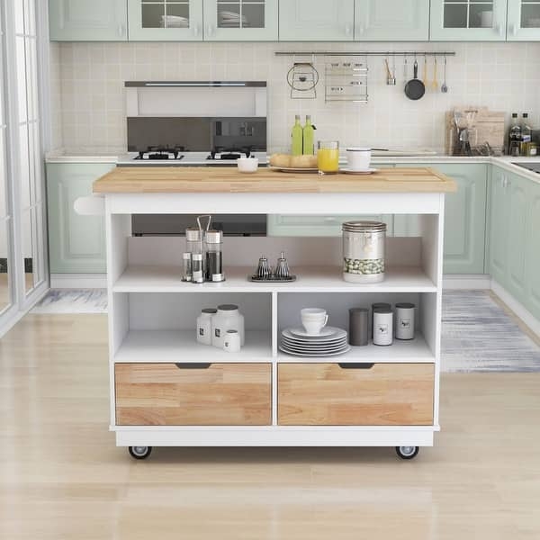 White Rolling Kitchen Cart with Open Shelving & Recessed Pulls