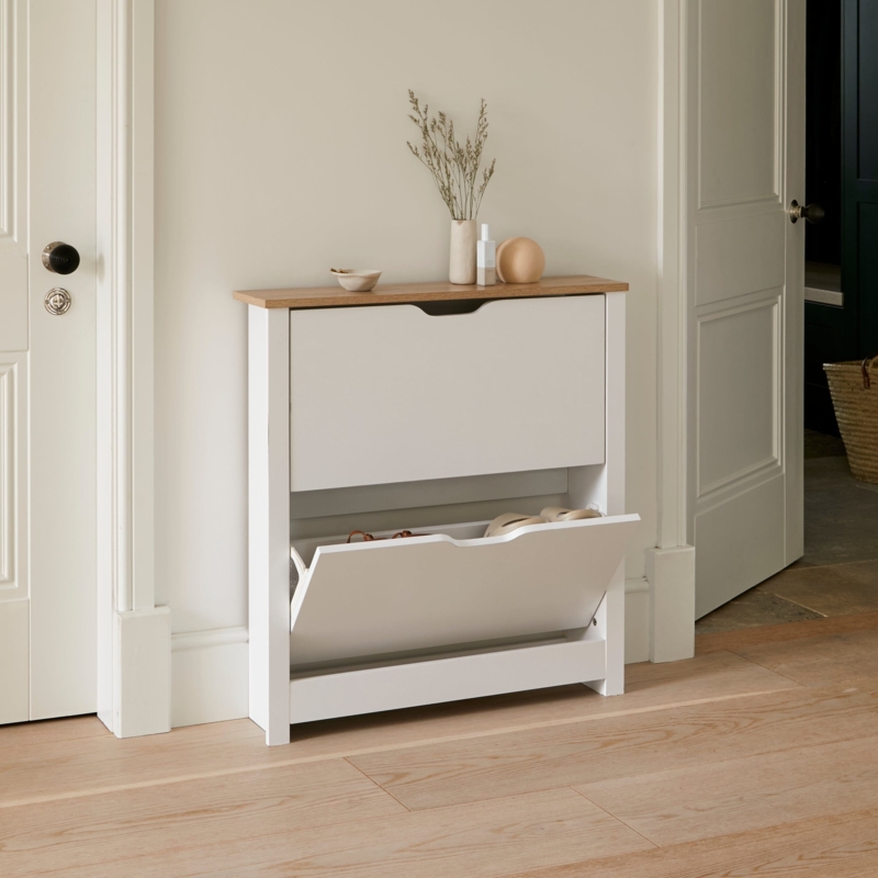 White Scandi Slim Shoe Cabinet with Light Wood Top and Tipping Drawers