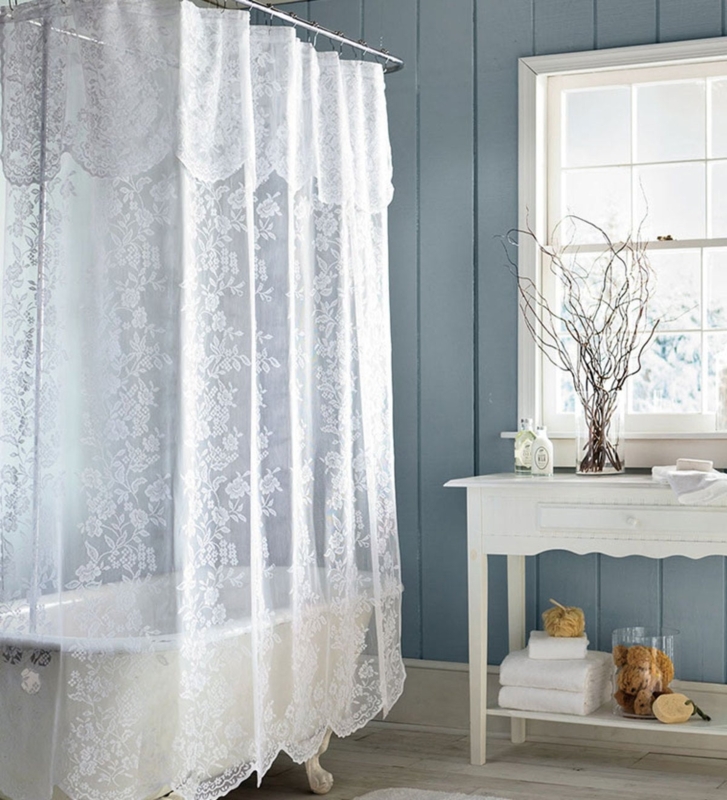 White Sheer Lace Shower Curtain Floral Leaf Pattern Scalloped Valance