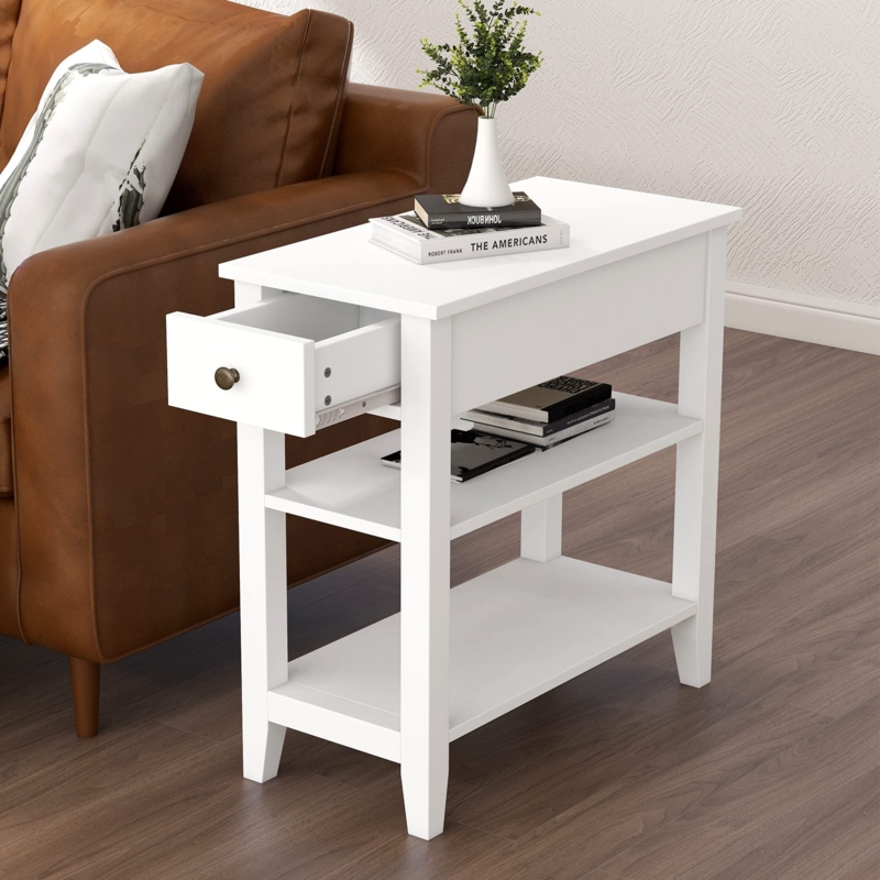 White Side Table featuring a Three Tier Design and Drawer