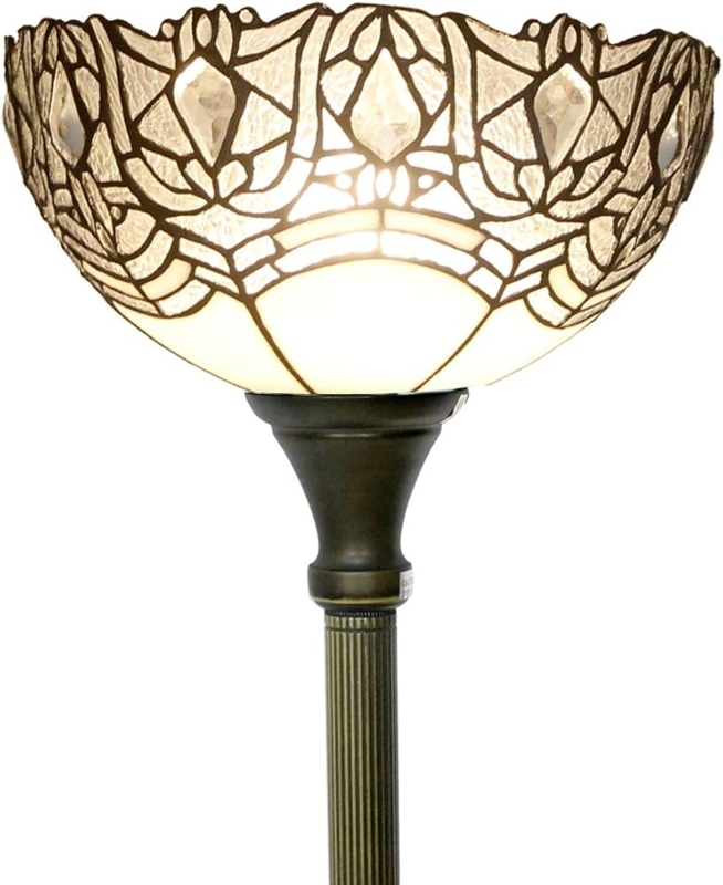 White Stained Glass Torchiere Lamp with Geometric Pattern, Fluted Pole