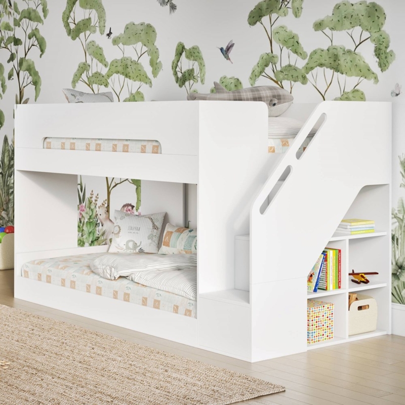 White Staircase Bunk Bed Low Profile Cutout Safety Rail Shelving