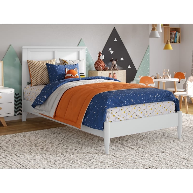 White Twin Bed, Paneled Headboard Frame with Tapered Legs